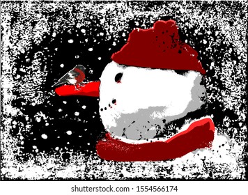 Merry Christmas and Happy New Year background.Snowman and titmouse bird in winter.Vector illustration .