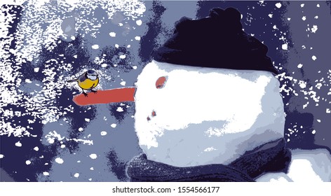 Merry Christmas and Happy New Year background.Snowman and titmouse bird in winter.Vector illustration .