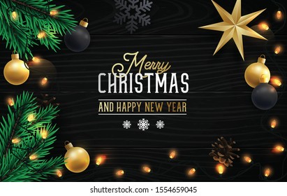 Merry Christmas and Happy New Year vector background. Flat Lay composition with realistic pine branches and decorative elements on dark wooden background.