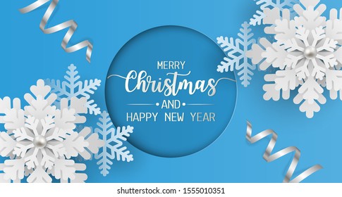 Merry christmas and happy new year greeting card, postcard with snowflake on blue background. Paper art style