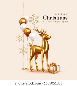 Merry Christmas and Happy New Year. Background with realistic festive helium balloons, hollow golden gift box with bow. Volume golden 3d deer. Xmas Metallic gold reindeer. Snowflakes hanging on ribbon