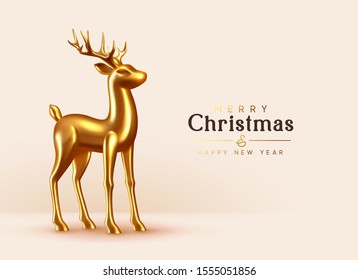 Merry Christmas and Happy New Year. Background with Gold Glass Reindeer. Decorative metallic 3d render deer. Xmas holiday. Greeting card, banner, festive poster