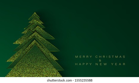 Merry Christmas and Happy New Year card with abstract shining christmas tree with golden sparkles on a dark green background. Vector illustration