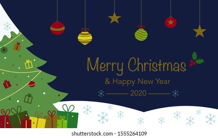 Merry christmas & Happy New Year 2020 ,Christmas tree and gift on blue background ,greeting card template vector/illustration