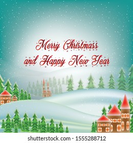Merry Christmas and Happy New Year background for Greeting cards with christmas tree landscape and snowing paper art style.Merry Christmas vector text ...