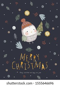 Merry Christmas and a happy new year! Cute vector illustration of bird in santa claus hat with christmas tree for holiday card, poster, postcard or background.