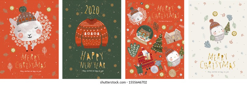 Merry Christmas and a happy new year! Vector illustrations for the winter holidays: cute animals and a bird in a Santa Claus hat, a knitted sweater, isolated objects for a card, background or postcard