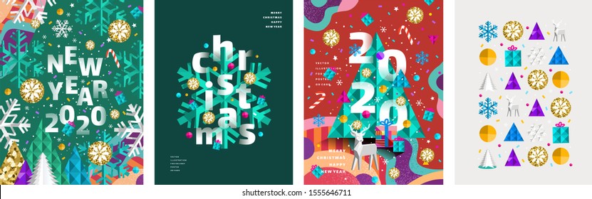 Merry Christmas and a happy new year 2020! Modern abstract geometrical illustration of a Christmas tree, snowflake and toys for the holiday poster, banner, card, background or pattern
