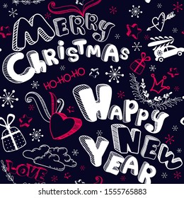 Merry Christmas and Happy New year doodle seamless pattern. Cute cartoon vector holiday poster with stars, snow, heart and cheerful text on black background. For wrapping paper, banner, print, textile