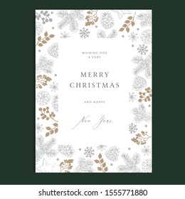 Merry Christmas, Happy New Year floral greeting card, winter nvitation. Holiday frame with fir tree branches, pine cones, snowflakes and holly berries. Vintage engraving.