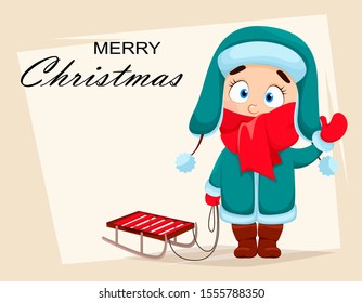 Merry Christmas and Happy New Year greeting card. Cute girl in warm clothes standing with sled. Vector illustration