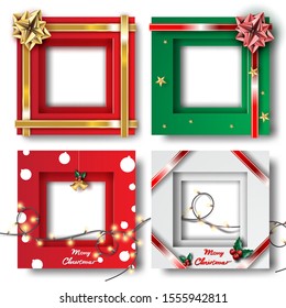 Merry Christmas and Happy new year border frame photo design set on transparency background.Creative origami paper cut and craft style.Holiday decoration gift card.Winter season vector illustration 
