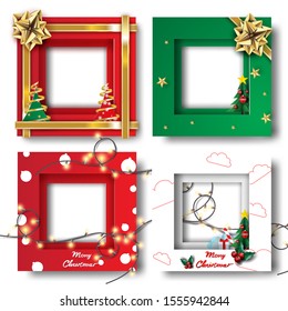Merry Christmas and Happy new year border frame photo design set on transparency background.Creative origami paper cut and craft style.Holiday decoration gift card.Winter season vector illustration 