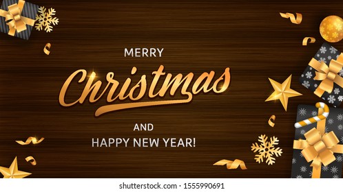 merry christmas and happy new year vintage new wood background that make a difference in your new design design useful any project where raw nature elements are required template with gold glitter ele