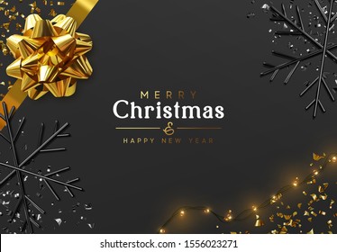 Merry Christmas and Happy New Year. Dark background with golden realistic magnificent gif bow, light yellow bulb garlands, glitter gold confetti, 3d render black snowflakes. Night Xmas design.