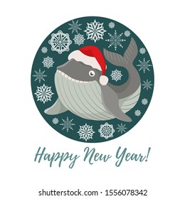 Merry Christmas and Happy New Year. Isolated smiling cartoon whale in a red Christmas hat in circle. Cute vector illustration.