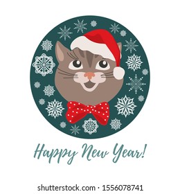 Merry Christmas and Happy New Year. Isolated smiling cartoon face of cat in a red Christmas hat in circle. Cute vector illustration.