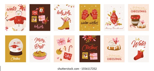 Merry Christmas and a happy new year 2020! Vector illustration with the congratulation of the coming year, winter elements, snowman, gift box, mittens, stockings and lettering.