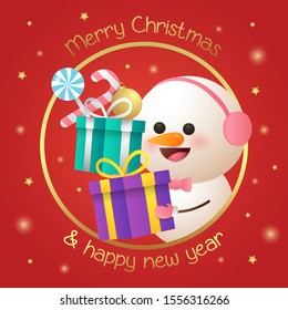 Merry christmas and happy new year illustration with cute snowman hold gift