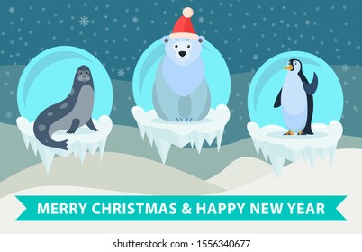 Merry Christmas and happy new year greeting card with animals. Polar bear wearing santa claus hat and penguin, seal sitting on ice floe. Snowfall and winter landscape on background, vector in flat