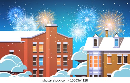 merry christmas happy new year poster festive colorful fireworks salute over winter city houses snowy town street greeting card flat horizontal vector illustration