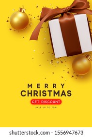 Merry Christmas and Happy New Year. Background with realistic festive gifts box. Xmas present. white boxes with brown ribbon bow, gift surprise, Golden Christmas baubles, balls, glitter gold confetti.