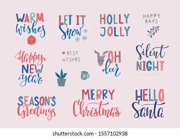 Merry Christmas Happy New Year simple lettering postcard set. Calligraphy card sticker graphic design element. Hand written sign. Photo overlay Winter Holidays vector Festive Santa stars colourful joy