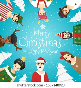 Merry Christmas and Happy New Year, group of teens in Christmas costume concept , vector, illustration