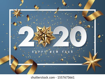 Merry christmas and happy new year 2020 vector greeting card and poster design with golden ribbon and star.