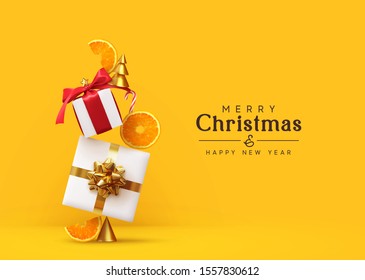 Merry Christmas and Happy New Year. Background with realistic festive gifts box, orange slices conical metal Christmas trees. Xmas present. Abstract balanced composition design concept