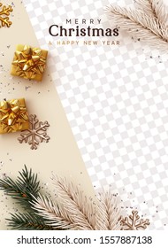 Merry Christmas and Happy New Year. Festive template covers, social media story, social networks. Greeting card, Xmas banner, web poster. Realistic gift boxes, pine and fir branches. Space for text.