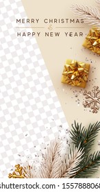 Merry Christmas And Happy New Year. Festive Template Covers, Social Media Story, Social Networks. Greeting Card, Xmas Banner, Web Poster. Realistic Gift Boxes, Pine And Fir Branches. Space For Text.