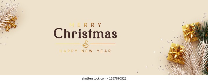 Merry Christmas, Happy New Year. Greeting card, Xmas banner, horizontal header for website, web poster. Realistic gift boxes, pine and fir branches. gold snowflake, silver confetti, beige background