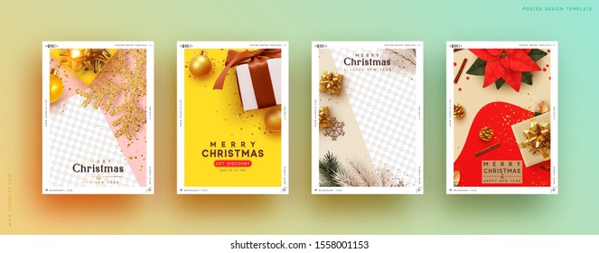 Merry Christmas and Happy New Year. Set Festive template covers, social media story, social networks. Greeting card, Xmas banner, web poster. Realistic decorative design elements. Space for text.