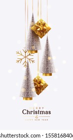 Merry Christmas and Happy New Year. Background with realistic festive gifts box. Christmas lush tree silver color. Xmas present. Golden baubles, balls, glitter gold confetti. metallic bronze snowflake