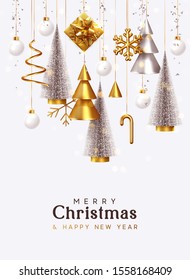Merry Christmas and Happy New Year. Background with realistic festive gifts box. Christmas lush tree silver color. Xmas present. Golden baubles, balls, glitter gold confetti. metallic bronze snowflake