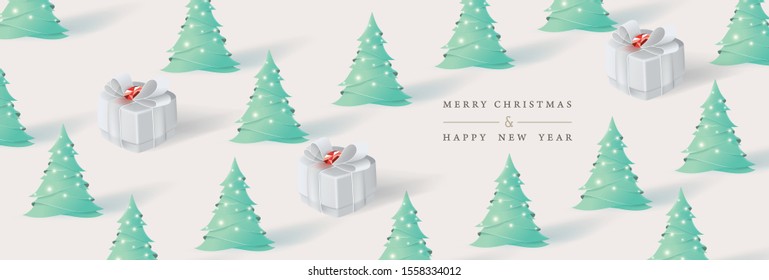 Merry Christmas and Happy New Year. Xmas background with Christmas tree and gifts box paper art style. Vector illustration. 