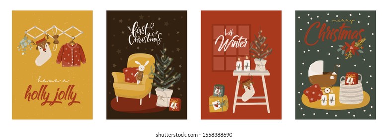 Merry Christmas and a happy new year! Vector illustrations with winter holidays: cute nursery style. Tree, stockings, knitted sweater, toys, gifts for a card, background or postcard