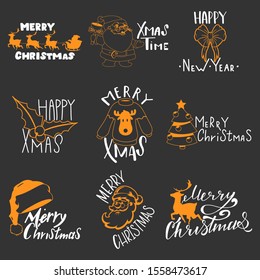 Merry Christmas and Happy New Year handwritten text vector set isolated on background.