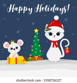 Merry Christmas and happy new year. White cat in santa hat and scarf. White mouse in a gift box. Christmas tree and gifts on a background of snowflakes. Vector, cartoon style, flat