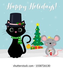 Merry christmas and happy new year. A black cat in a snowman hat and a gray mouse in a crown holds a boot with sweets. Christmas tree on a background of snowflakes. Vector, cartoon style, flat