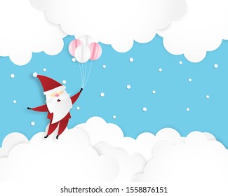 Merry Christmas and Happy new year greeting card in paper cut style. Paper craft flying Santa Claus in the sky.