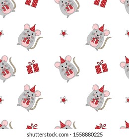 Merry Christmas and happy new year greeting card. 2020 Rat zodiac. Cute mouse with gift seamless pattern background.