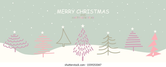 Merry Christmas and Happy New Year design with minimalist style tree and snowflakes for holiday
