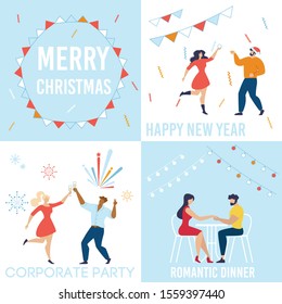 Merry Christmas and Happy New Year Celebration Set. Cartoon People on Romantic Dating Festive Dinner. Colleagues Having Fun on Corporate Party. Greeting and Invitation Card Kit. Vector Illustration