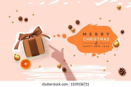 Merry Christmas and happy new year. milky pink background with realistic gift box, foil chocolates candies, Xmas present indicates female hand shadow. Advertising banner, web poster, brochure cover