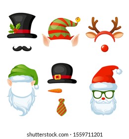 Merry Christmas and Happy New Year. Xmas photo booth. Vector set of christmas hats, glasses, antlers, mustaches