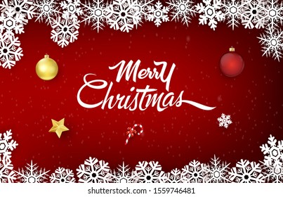 Merry Christmas and happy new year greeting card with paper snowflakes on red background