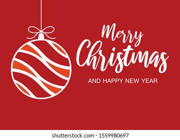 Merry Christmas and Happy New Year Sign on a red background. Red Christmas greeting card. Simple red Christmas ball vector. Merry Christmas inscription vector