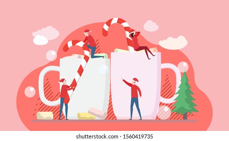 Merry Christmas and a happy new year illustration showing people lifting candy canes in a glass of marshmallows. can use for landing page, web, mobile apps, ui, banner, print and social media.